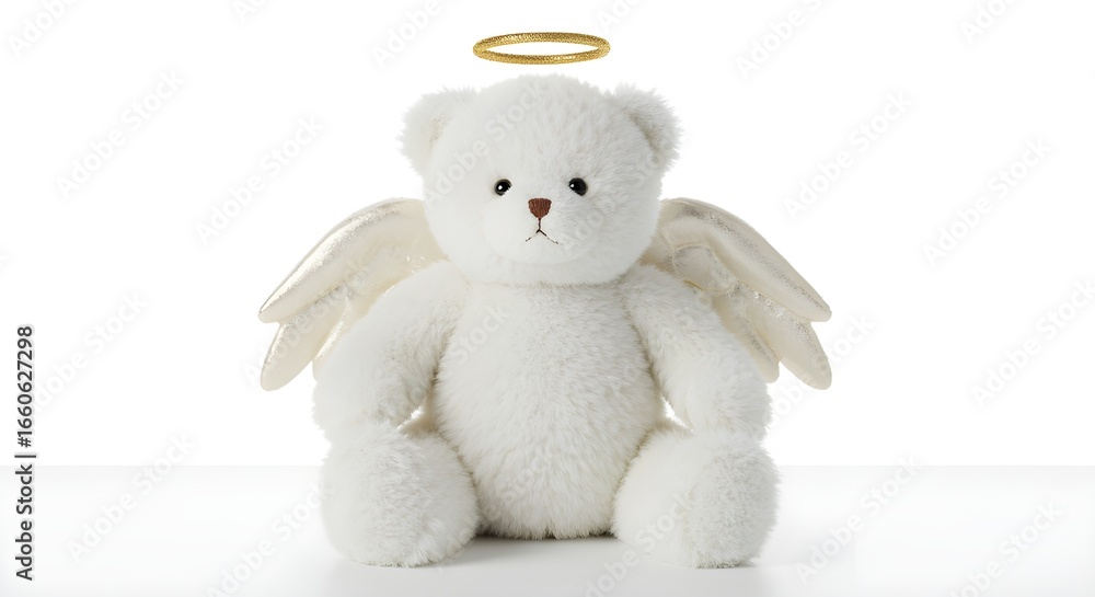 Fototapeta premium Angel teddy bear plush with wings and halo, soft and adorable, realistic photo on white background