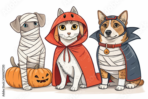 A halloween themed illustration featuring a dog mummy, a cat in a cape, and a corgi vampire in costume