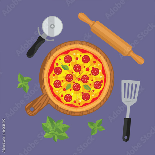 Overhead view of a pepperoni pizza on a wooden board with basil, a pizza cutter, rolling pin, and spatula on a purple background.