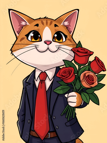 A cartoon cat in a suit and tie holding a bouquet of roses