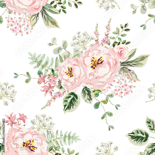 Pink peony flowers, green leaves, herbs, fern bouquets, white background. Floral illustration. Vector seamless pattern. Botanical design. Nature garden. Summer plants