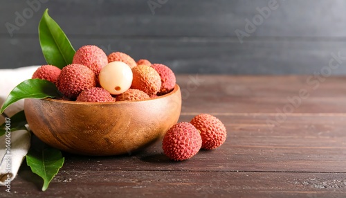 Fresh lychees in a wooden bowl