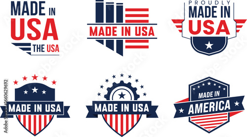 Collection of six distinct American-made in USA patriotic badges and labels with stars and stripes