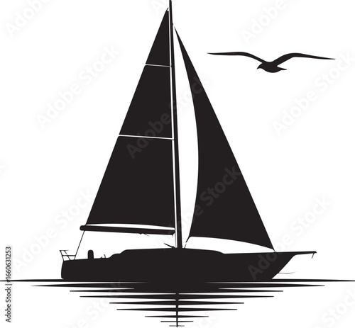 Silhouette of a sailboat with a seagull flying overhead on the water