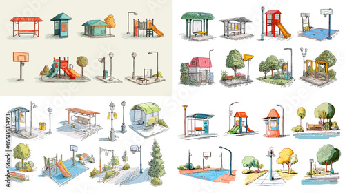 Hand-drawn collection of playground and park elements including slides, swings, lamps, and benches. Perfect for children’s recreation, community spaces, and urban landscape designs.