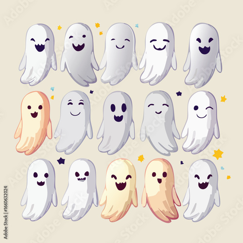 Adobe IllustratorA cute collection of happy kawaii ghosts with smiling and winking expressions. A friendly and cheerful character illustration set, perfect for a non-scary Halloween. Artwork