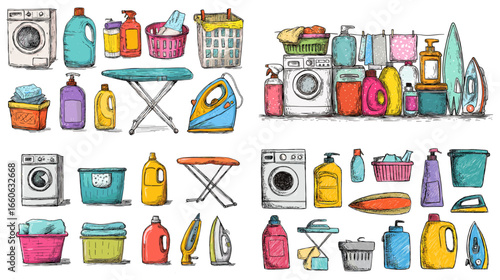 Set of colorful hand-drawn laundry and cleaning equipment such as washing machines, irons, baskets, detergents, and ironing boards. Ideal for household, cleanliness, and hygiene themes.