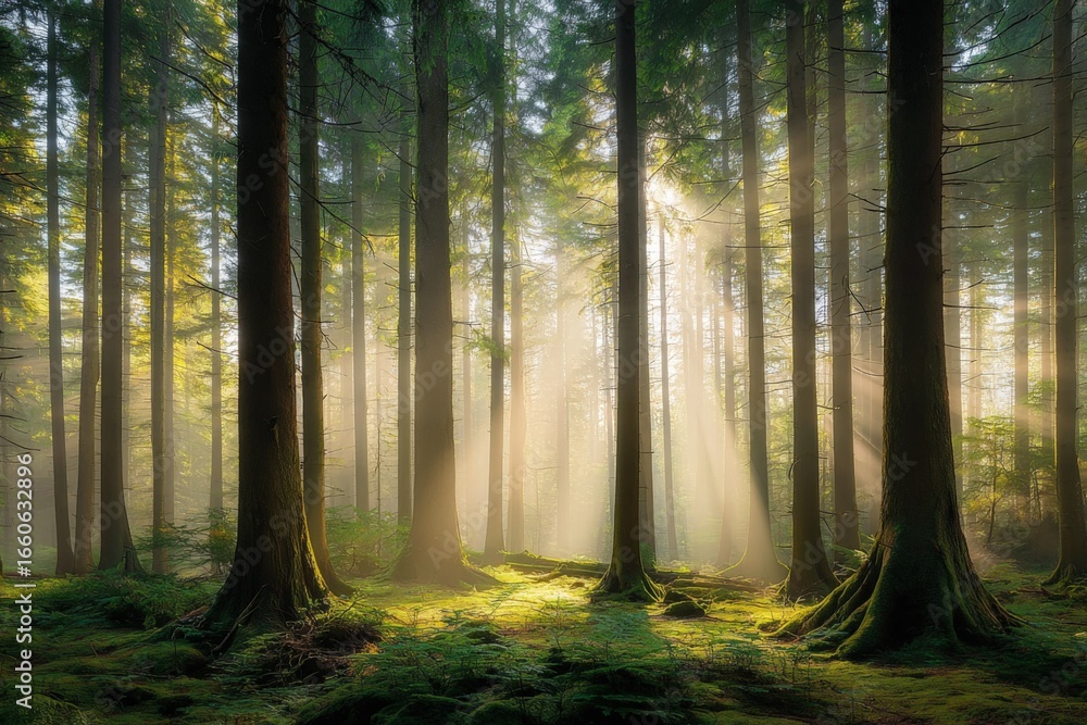 Obraz premium Sunlight Streaming Through a Dense Forest Canopy Creating a Magical and Serene Ambiance