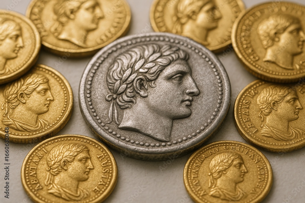 Naklejka premium Ancient Coin Collection: Detailed Macro Shot of Gold and Silver Currency with Portrait