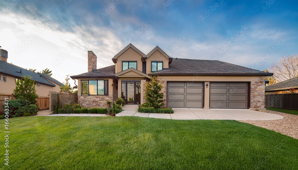 Obraz premium custom built luxury house with nicely trimmed front yard lawn in a residential neighborhood