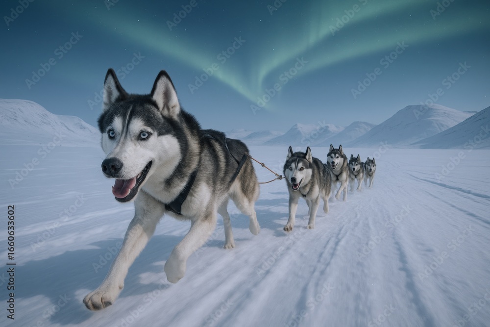 Naklejka premium Sled Dogs Pulling a Sled Across the Snowy Landscape Under the Aurora Borealis, Conveying Adventure
