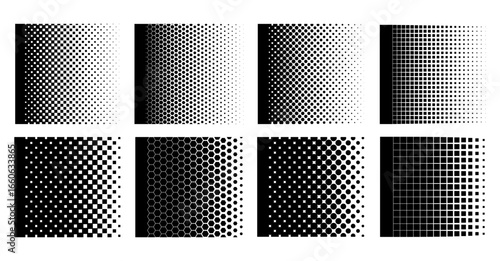 Halftone pattern. Dots, hexagons, squares. Set of abstract geometric transition, gradient from black to white. Background pattern of textures.