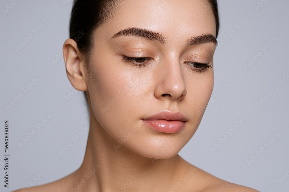 Fototapeta premium Close-Up Portrait of a Young Woman with Natural, Glowing Skin, Perfect for Beauty and Skincare Concepts