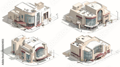 Isometric illustration of modern architectural buildings with glass facades and clean lines. 3D urban design concept ideal for real estate, visualization, and city planning projects.