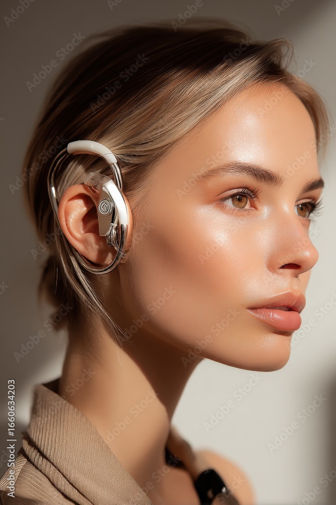 Fototapeta premium Elegant Woman Adorned with Modern Ear Cuff in a Fashionable Portrait on Neutral Background