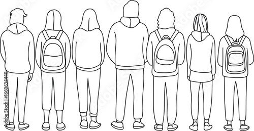 Back view of people in hoodies, backpacks, casual clothing, group illustration, line art, black and white drawing, standing pose