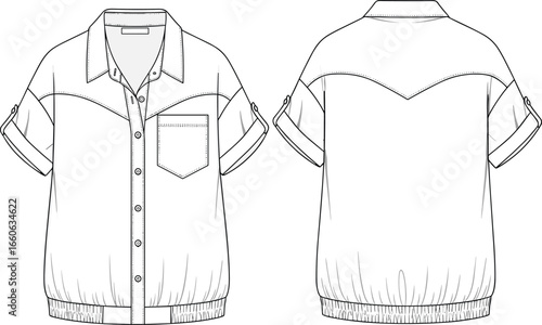 Cad drawing flat vector illustration of casual short sleeve button-up shirt with collar, front pocket, elastic hem, rolled sleeves, fashion design, apparel template