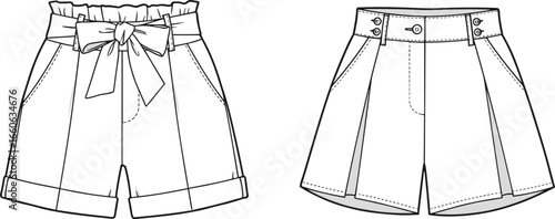 Cad drawing flat vector illustration of high waist women’s shorts with paperbag belt and pleated design, front and back view, technical fashion sketch