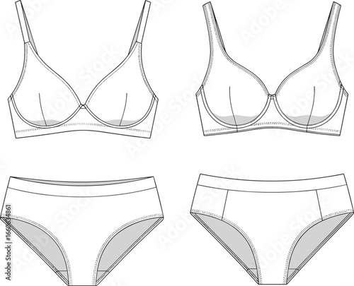 CAD drawing flat vector illustration, bra and panty technical sketch, lingerie underwear fashion design, garments dress, garments cloth template