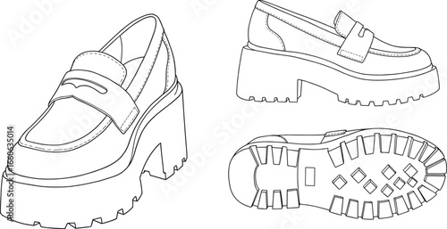Chunky platform loafer shoe design, trendy women's footwear, CAD technical illustration, fashion design template, vector line art style