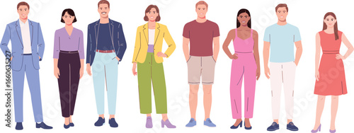 Colorful flat vector illustration of diverse men and women standing together in trendy outfits – modern fashion group concept