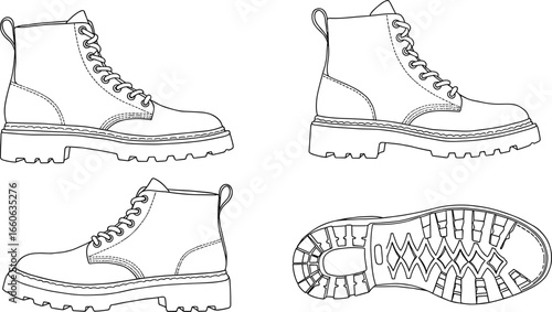 Combat boots CAD drawing, vector technical sketch of lace-up ankle boots, sole pattern detail, rugged outdoor footwear fashion illustration