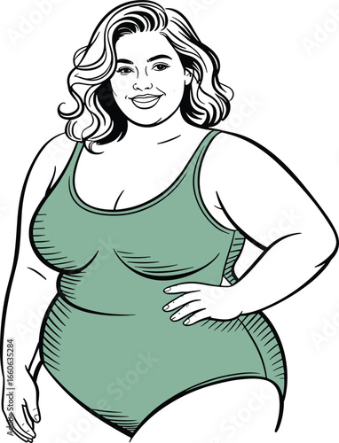 Confident plus-size woman in swimsuit smiling, body positive female character illustration promoting diversity, self-love, and acceptance