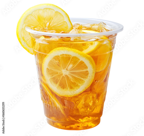 Iced tea with lemon slices in plastic cup isolated on a transparent background