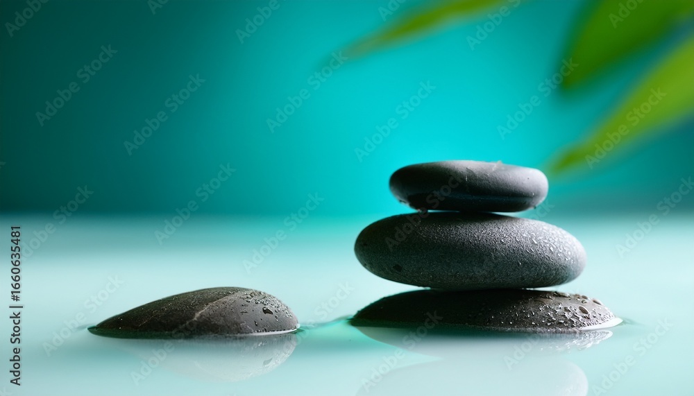 Fototapeta premium calm zen stones in milky water against a blurred turquoise background with copy space