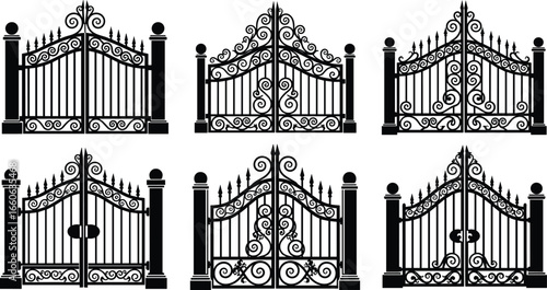 Decorative wrought iron gates with pillars, black silhouette collection, elegant vintage entrance designs, classic metal fences, ornamental gate vector set.