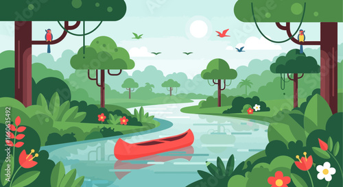 Calm Amazonian River With Canoe And Exotic Birds Illustration