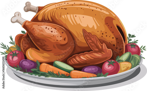 Delicious roasted turkey on platter with vegetables, festive dinner meal illustration for Thanksgiving, Christmas, or holiday celebrations