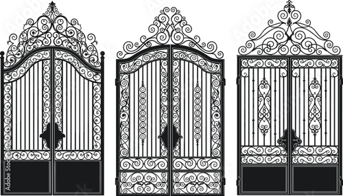 Elegant wrought iron garden gates with intricate scrollwork and vintage design, ornate black vector illustrations of luxury entrance gates.