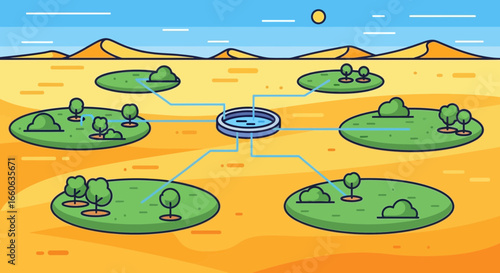 Desert Oasis Network Cartoon Style Irrigation System Concept Illustration