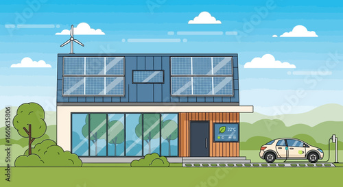 Eco Friendly House With Electric Vehicle Illustration And Renewable Energy