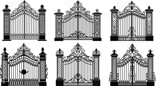 Elegant wrought iron gates with decorative pillars and vintage scrollwork, black vector illustrations for architectural entrance design and classic fencing