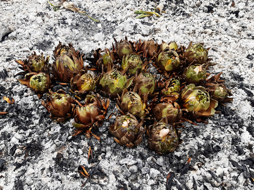 Close-up of grilled artichokes. Top-down view of a campfire for grilling and cooking vegetables and artichokes. Healthy eating and the art of cooking food outdoors. Earth oven.