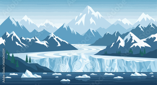 Glacial Panorama With Mountain Backdrop And Icebergs Floating In Water