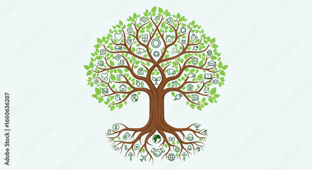 Fototapeta premium Life Tree With Thin Line Icons Representing Concepts And Metaphors