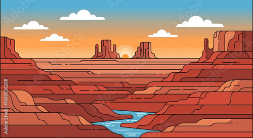 Minimalist Grand Canyon Landscape With River and Sunset Illustration