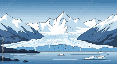 Majestic Glacier Landscape With Snowy Mountains And Icebergs