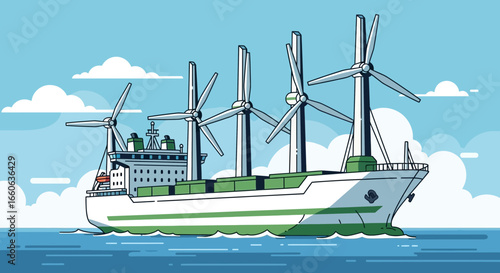 Ocean Vessel Transporting Renewable Energy Wind Turbines Cartoon Style