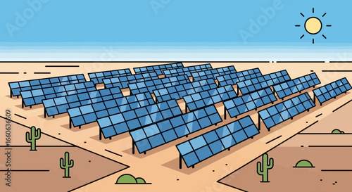 Renewable Energy Solar Farm in Desert Landscape Scenery Drawing