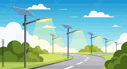 Road With Solar Powered Street Lights And Blue Sky Illustration
