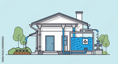 Residential Rainwater Harvesting System For Home Use Illustration