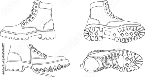 Lace-up combat boots CAD vector, technical sketch with outsole view, rugged hiking footwear design, fashion illustration for outdoor gear