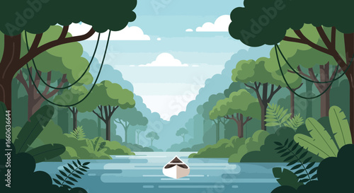 Rowboat Through A Lush Tropical Jungle Landscape Illustration