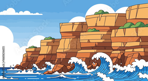 Scenic Coastline Cliff With Ocean Waves Vector Landscape Illustration