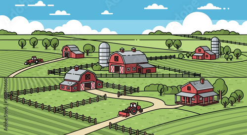 Scenic Farmland Landscape with Red Barns and Rolling Green Fields