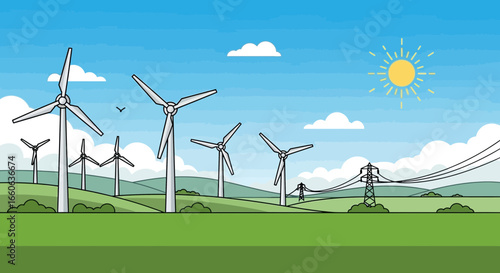 Scenic Landscape Featuring Wind Turbines and Power Lines Against Blue Sky